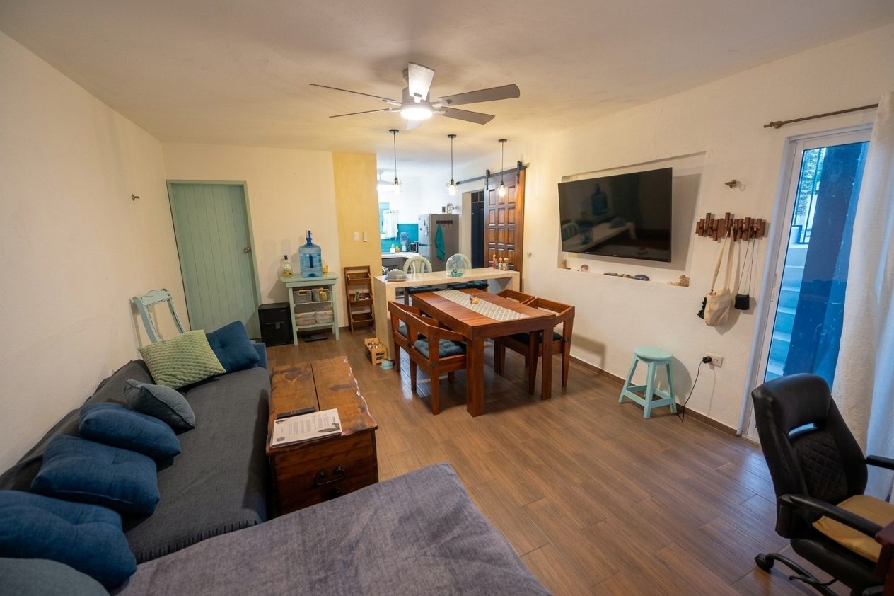 Casa Hokol Apartment 1 open-plan living and dining area in Telchac Puerto, Yucatan