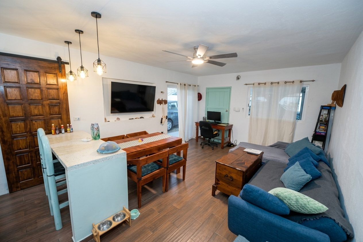 Apartment 1 living room with dining table, TV and workspace